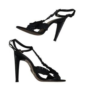 Lamb Womens Black Leather‎ Adjustable Strap Stiletto Ruffle look Sandals Size 7M